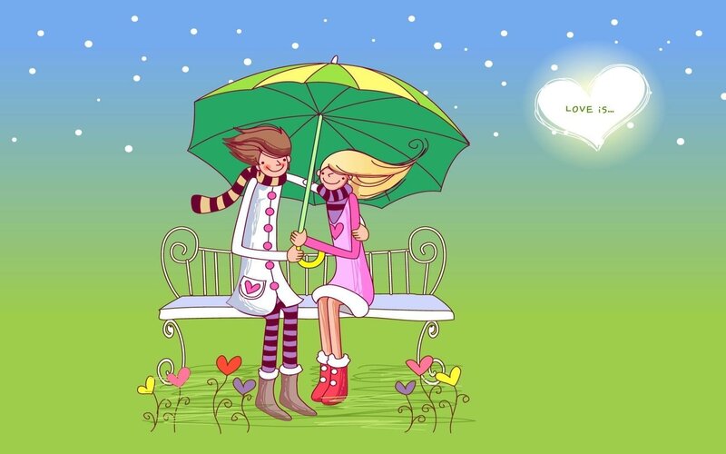 Couple under Umbrella — Green, Romantic