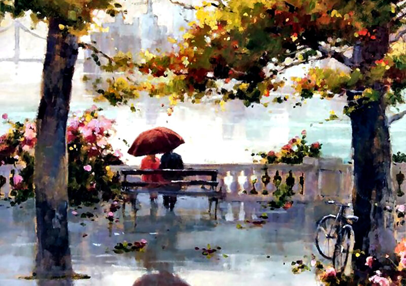 Couple under Umbrella — Green, Serene, Autumn