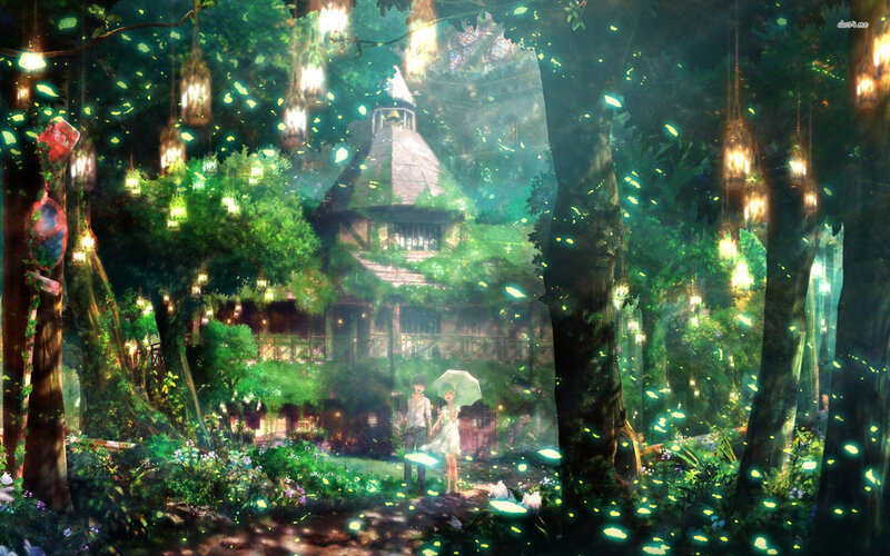 Couple under Umbrella — Green, Serene, Night
