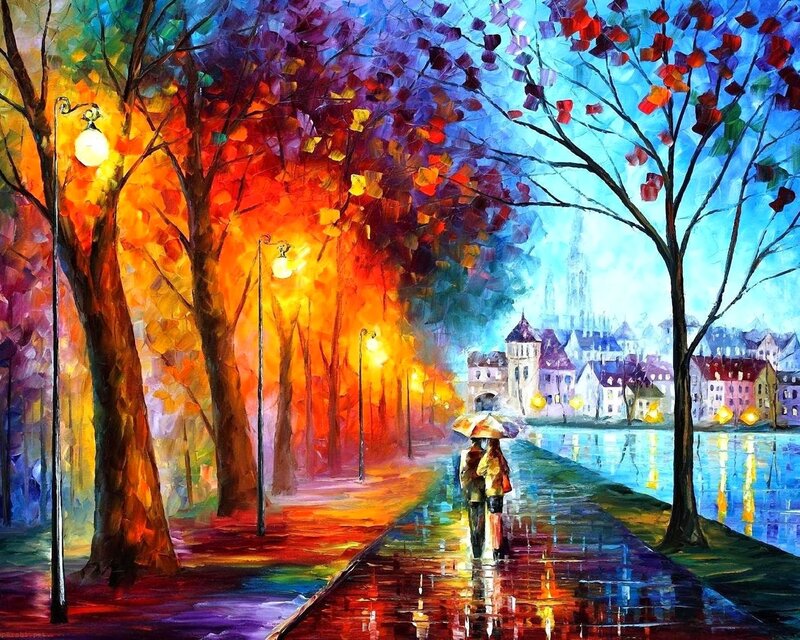 Couple under Umbrella — Orange, Romantic, Night