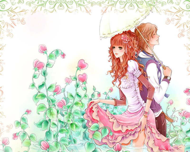 Couple under Umbrella — Pink, Romantic