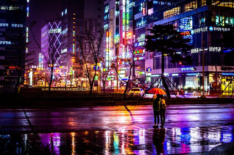 Couple under Umbrella — Purple, Dramatic, Night