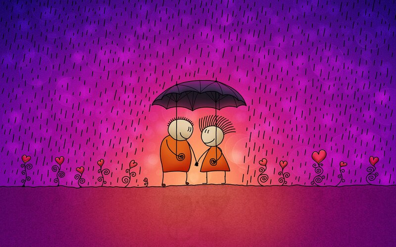 Couple under Umbrella — Purple, Romantic, Night, Illustration, Rain, Heart Flowers