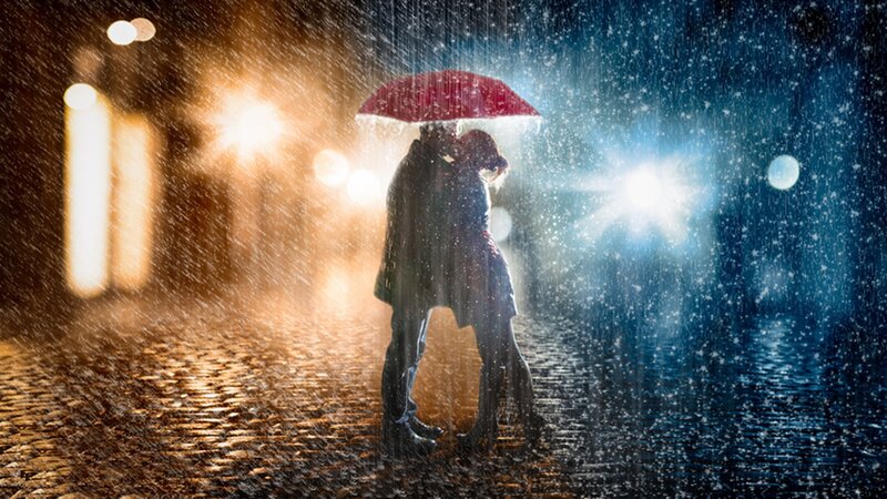 Couple under Umbrella — Red, Dramatic