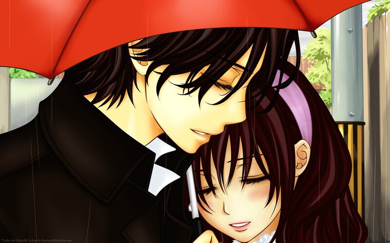 Couple under Umbrella — Red, Intimate, Afternoon