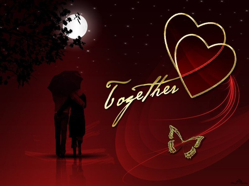 Couple under Umbrella — Red, Romantic, Night, Digital Art
