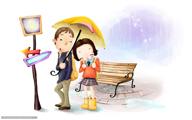 Couple under Umbrella — Yellow, Rainy
