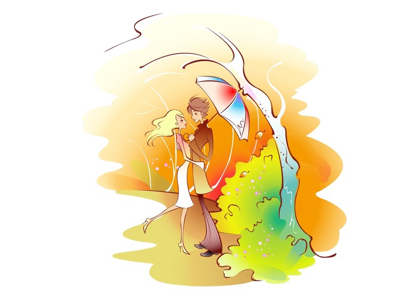 Couple under Umbrella — Yellow, Romantic, Autumn, Illustration