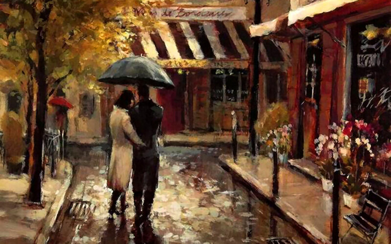 Couple under Umbrella — Yellow, Romantic, Autumn