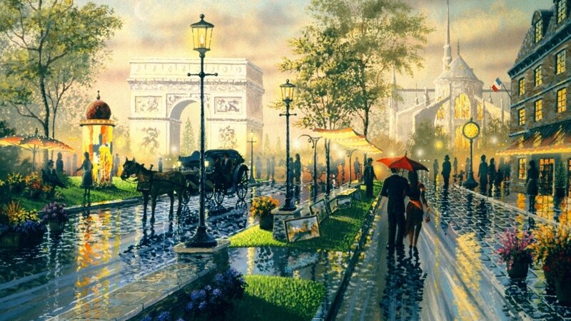 Couple under Umbrella — Yellow, Romantic, Night, Painting, Horse-drawn Carriage