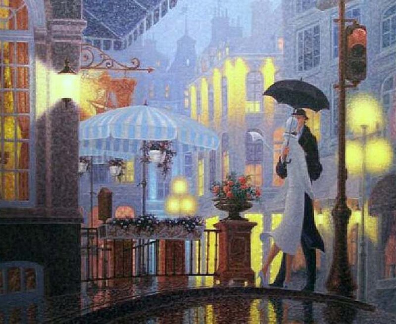 Couple under Umbrella — Yellow, Romantic, Night, Painting