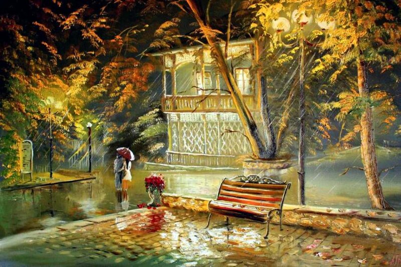 Couple under Umbrella — Yellow, Romantic, Night