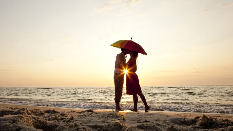 Couple under Umbrella — Yellow, Romantic, Sunset