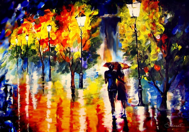 Couple under Umbrella — Yellow, Romantic