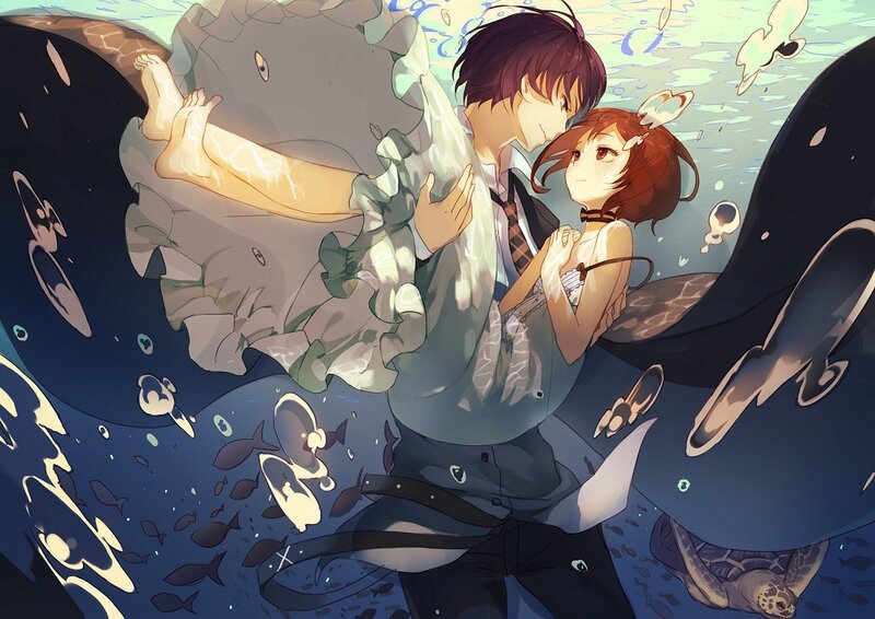 Couple Underwater — Blue, Serene, Anime