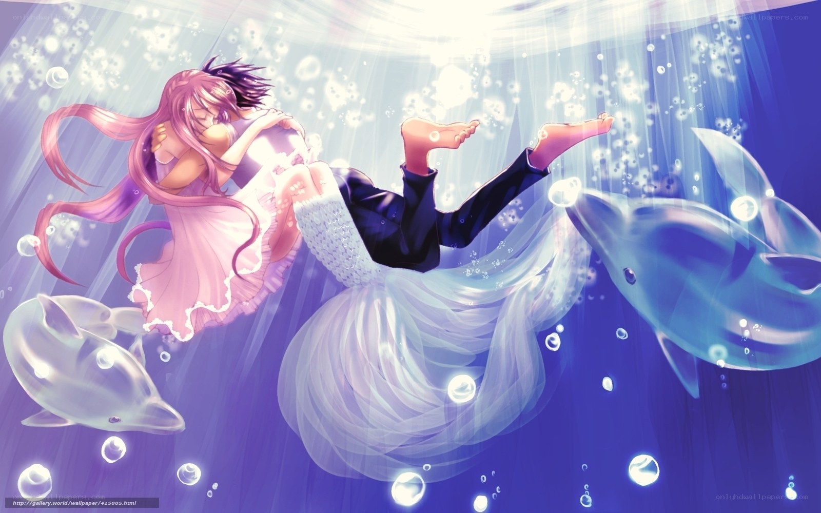 couple underwater with dolphins