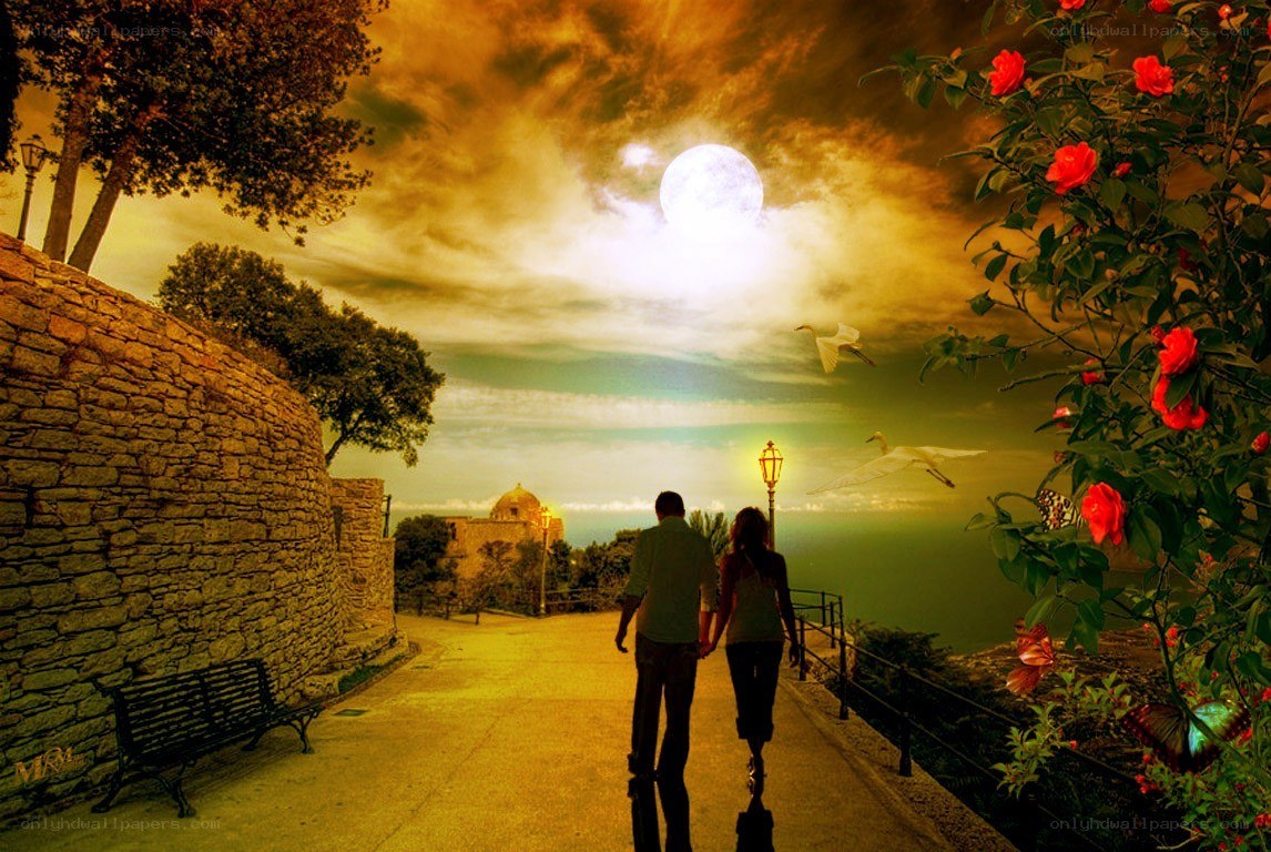 Couple walking at sunset