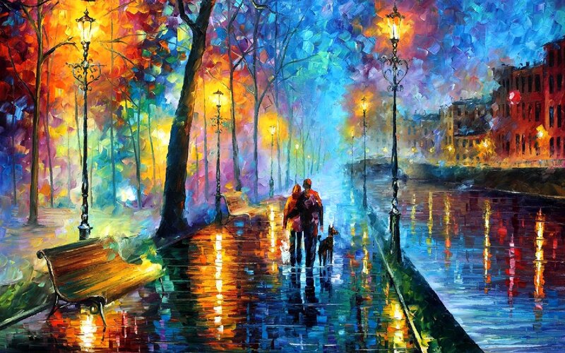 Couple Walking Dog — Blue, Colorful, Night