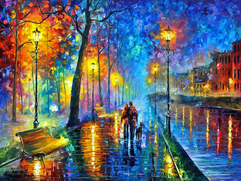 Couple Walking Dog — Blue, Colorful