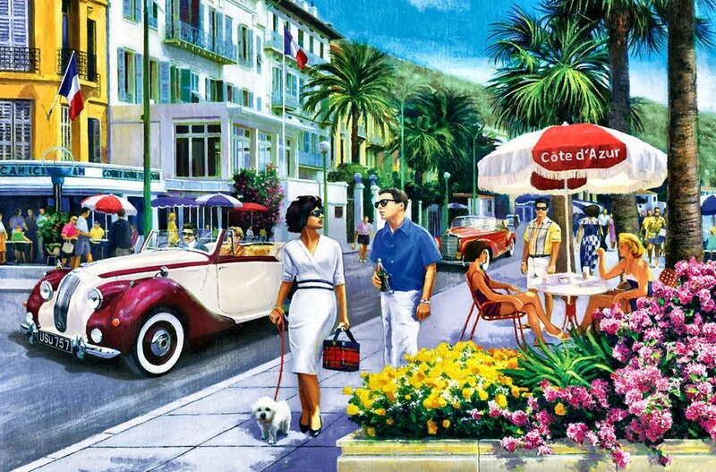 Couple Walking Dog — Blue, Lively, Afternoon