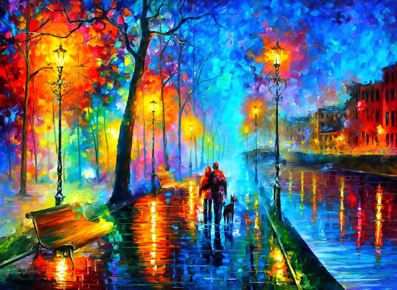 Couple Walking Dog — Blue