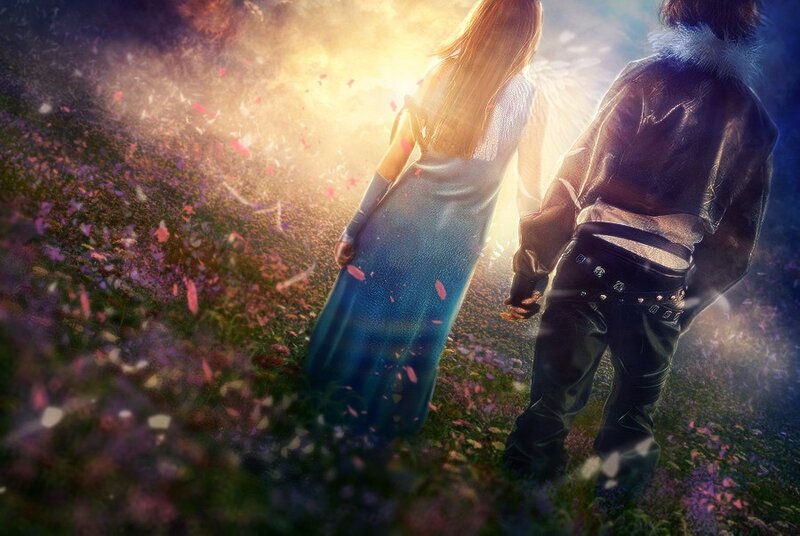 couple walking in a flower field
