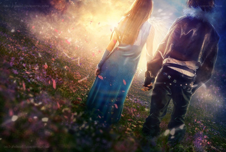 couple walking in a flower field