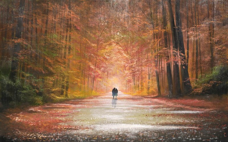 Couple walking in autumn forest
