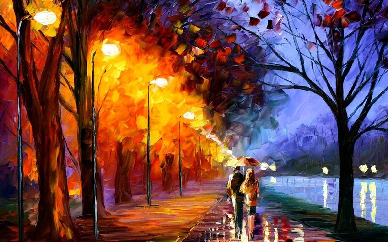 Couple walking in autumn rain