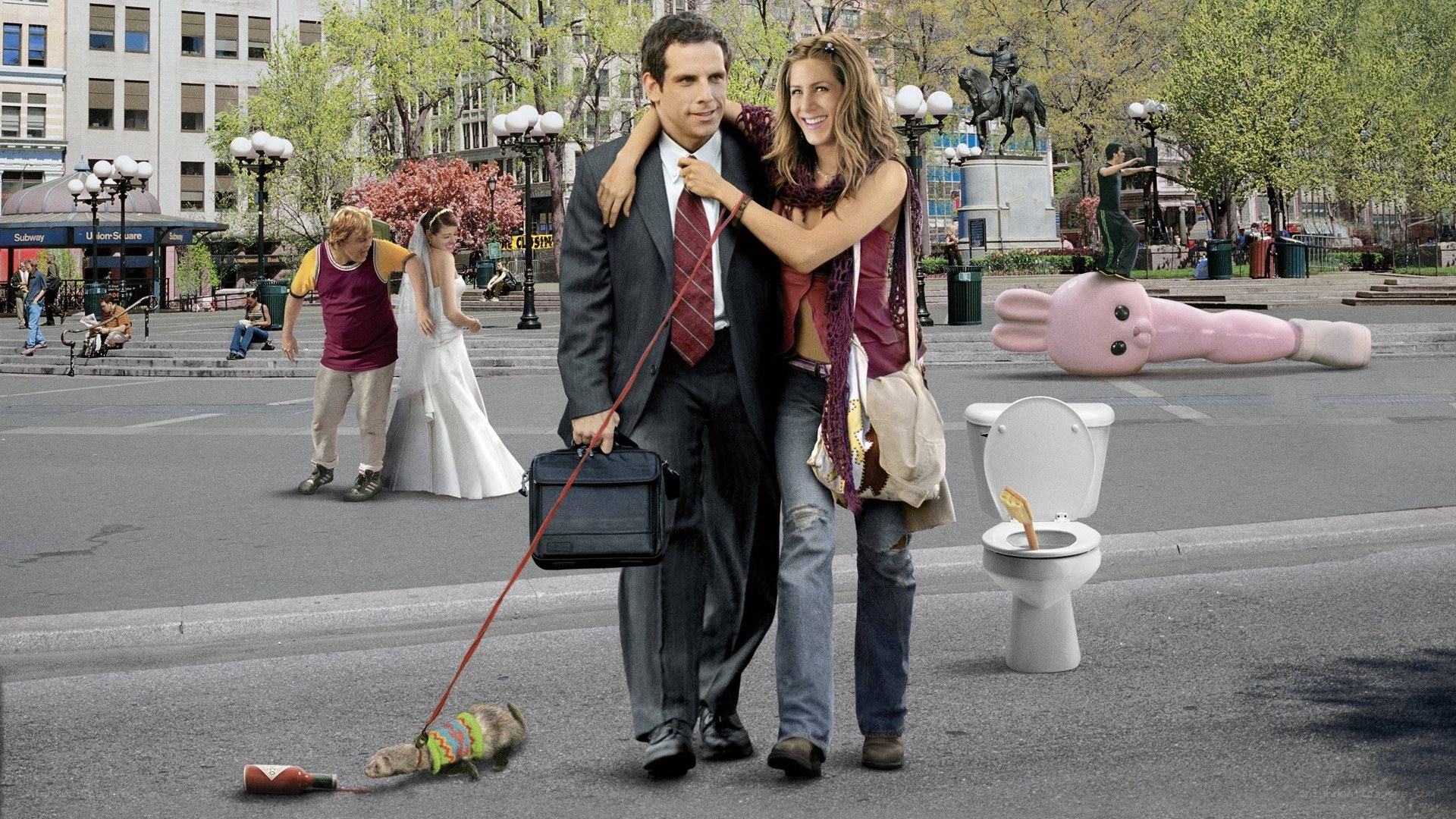 Couple walking in city scene