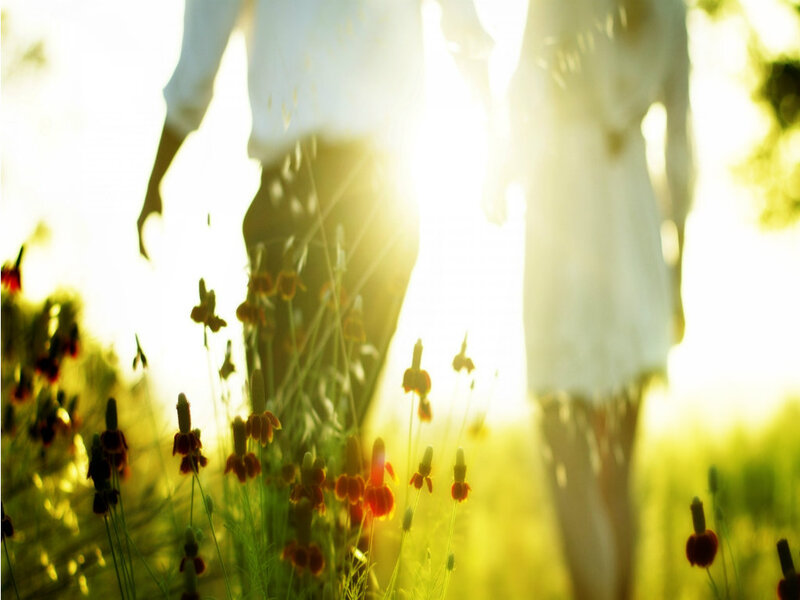 Couple Walking in Field — Green, Serene, Sunset