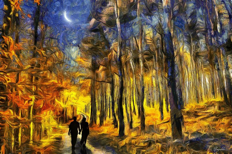 Couple Walking in Forest — Yellow, Serene