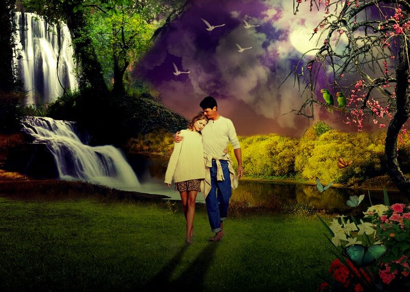 Couple Walking in Garden — Green, Serene, Night