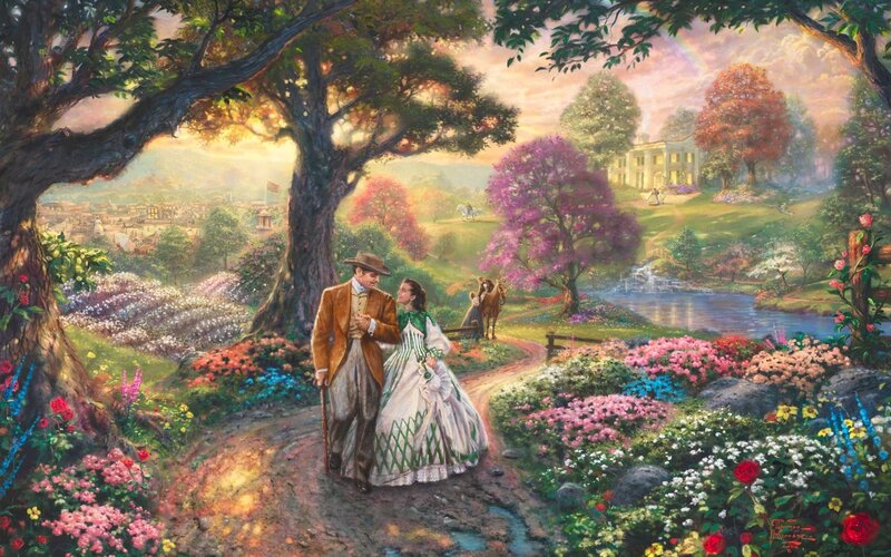 Couple Walking in Garden — Green, Serene, Sunset, Painting
