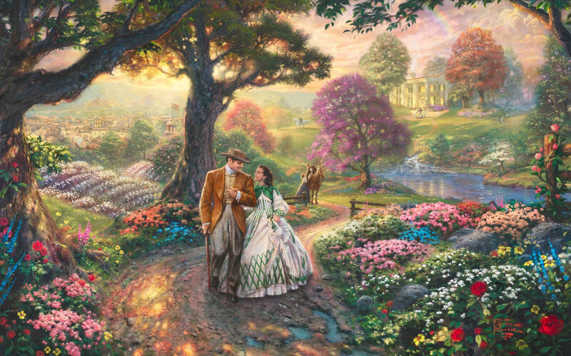 Couple Walking in Garden — Green, Serene, Sunset, Painting, Tree
