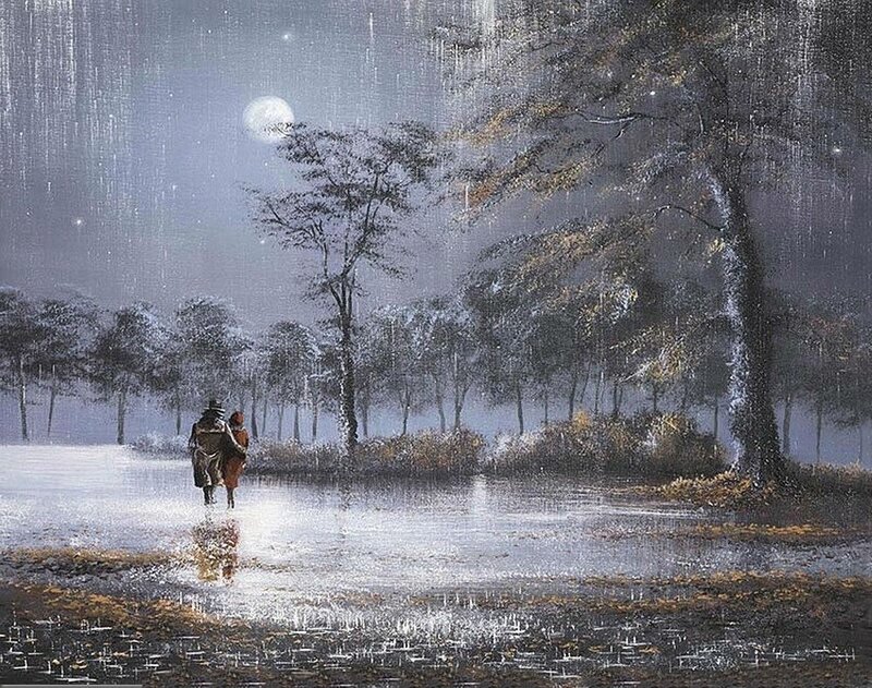 Couple walking in moonlit rain