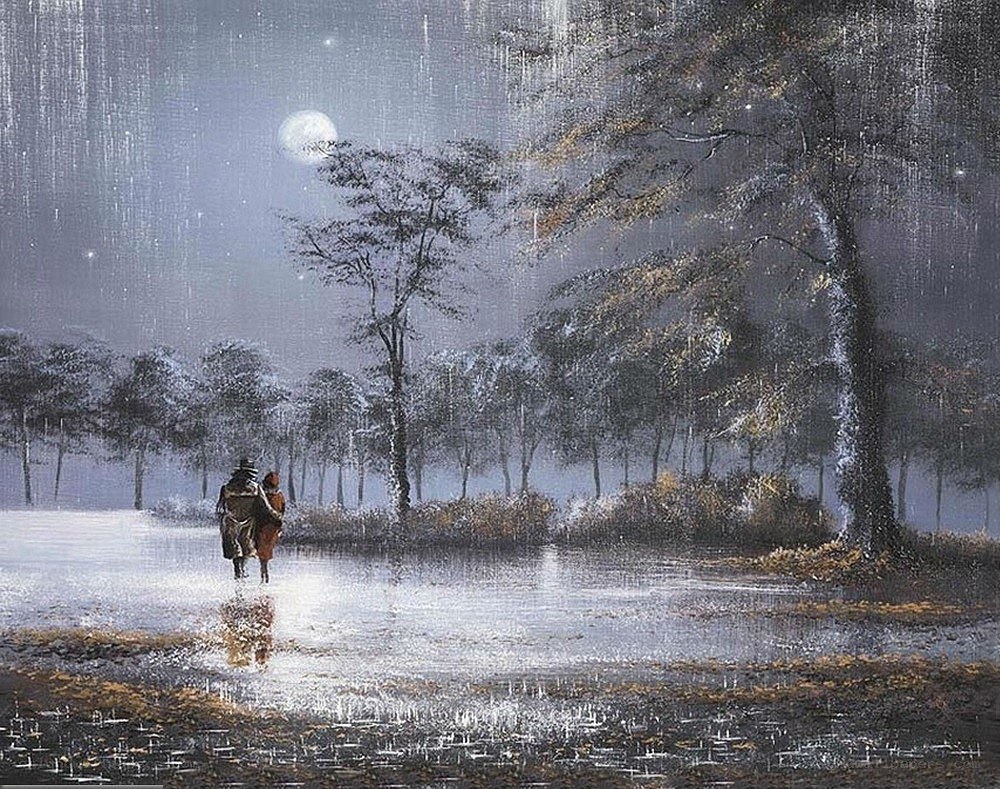 Couple walking in moonlit rain