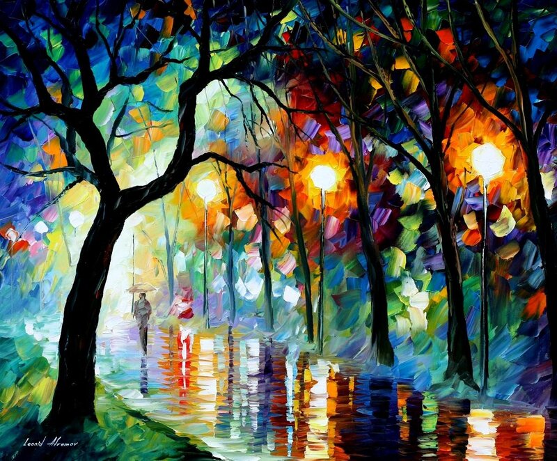 Couple Walking in Park — Blue, Colorful