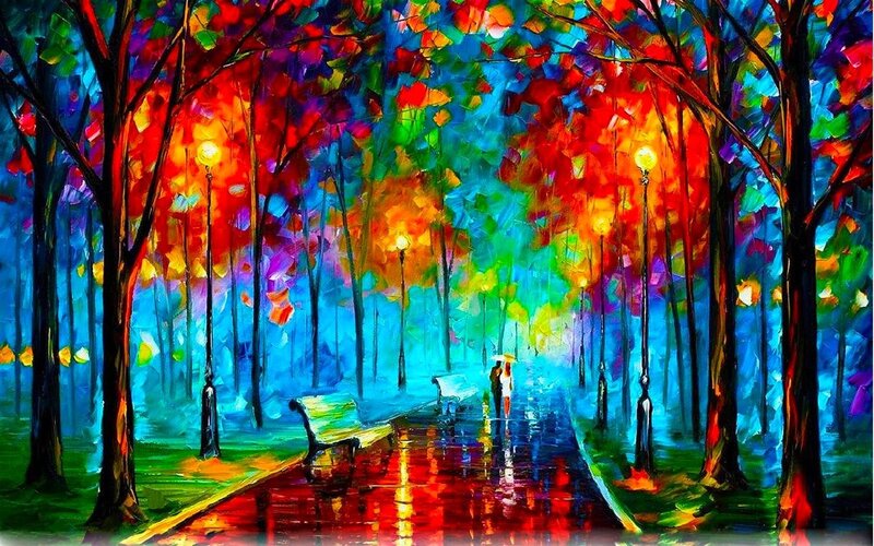 Couple Walking in Park — Blue, Vibrant