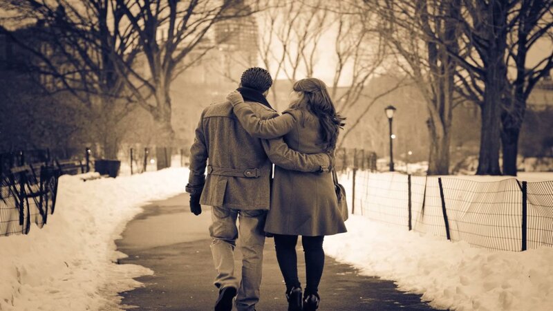 Couple Walking in Park — Brown, Calm, Winter, Photograph, Snow