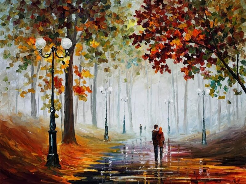 Couple Walking in Park — Orange, Serene, Autumn, Painting