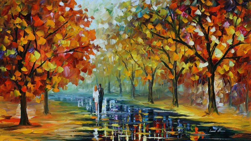 Couple Walking in Park — Orange, Serene, Autumn, Painting, Trees