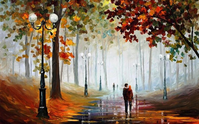 Couple Walking in Park — Orange, Serene, Autumn