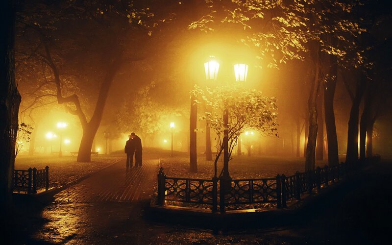 Couple Walking in Park — Yellow, Misty