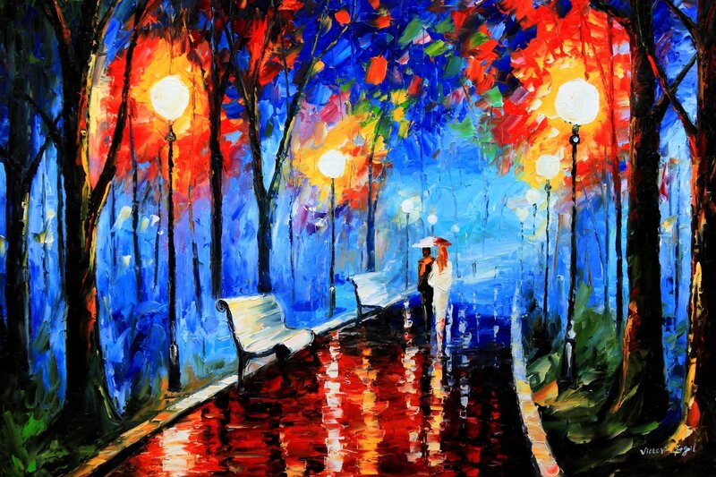 Couple Walking in Rain — Blue, Dramatic