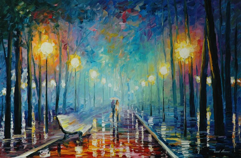 Couple Walking in Rain — Blue, Dreamy, Night