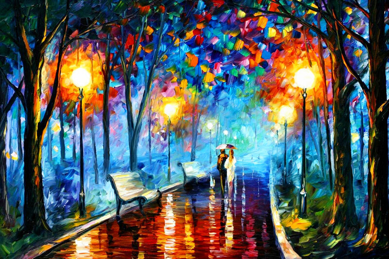 Couple Walking in Rain — Blue, Romantic, Night, Painting