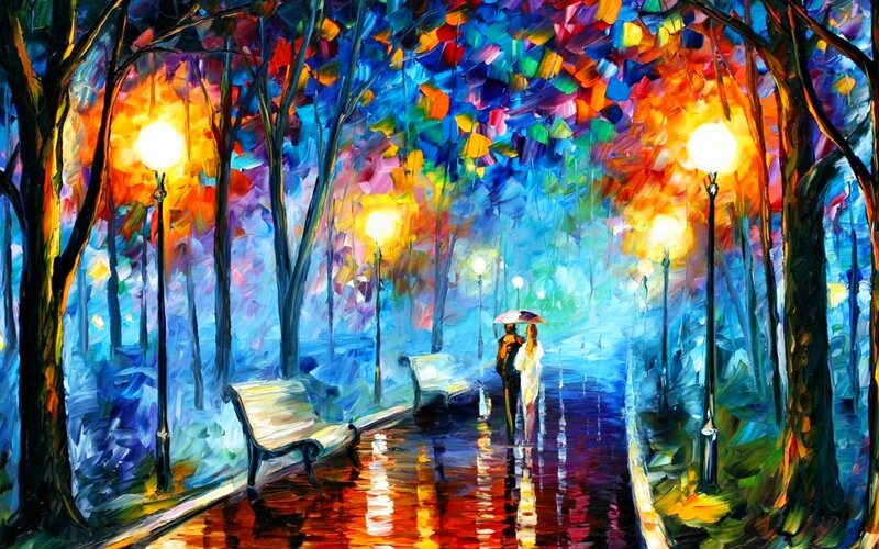 Couple Walking in Rain — Blue, Romantic, Night, Painting, Umbrella
