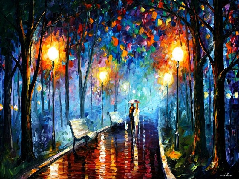Couple Walking in Rain — Blue, Romantic