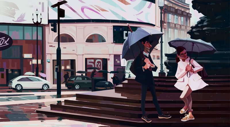 Couple Walking in Rain — Gray, Rainy